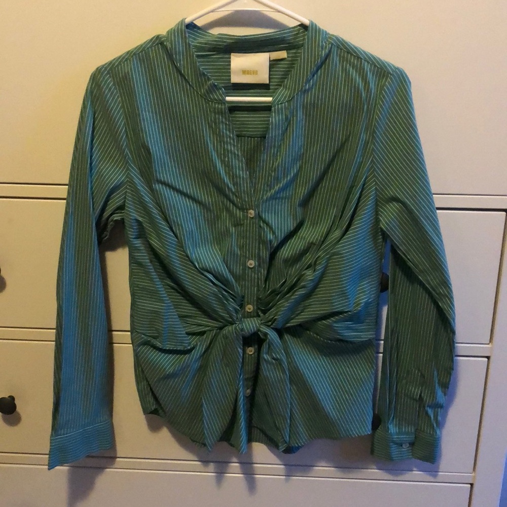 Stripe Green Button Up With Tie - image 1